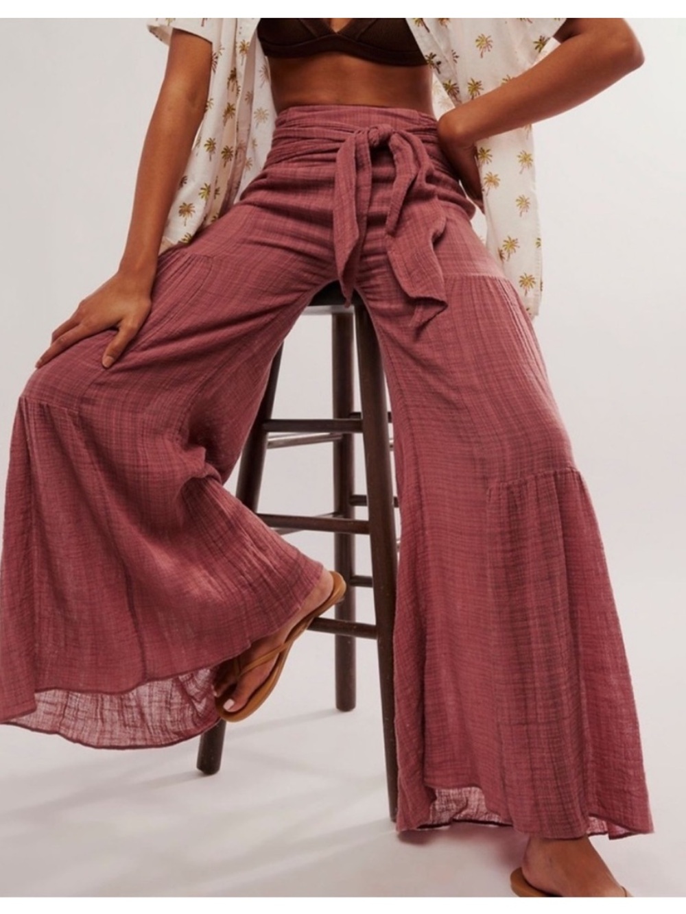 Free People One Good Day Wide Leg pants sz Large gauzy mauve pink - Picture 4 of 12